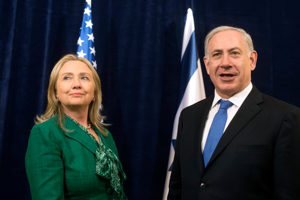 Then-U.S. Secretary of State Hillary Clinton meets with Israeli Prime Minister Benjamin Netanyahu in New York in 2012. (Photo by Keith Bedford/Reuters)