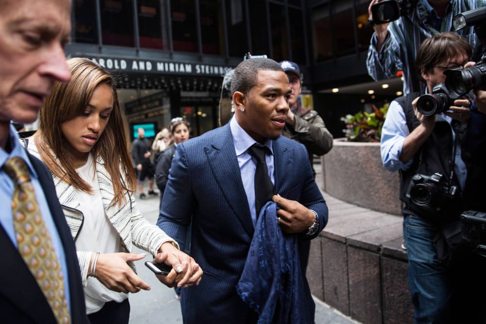 Suspended Baltimore Ravens football player Ray Rice and his wife Janay Palmer arrive for a hearing on Nov. 5, 2014 in New York City. (Andrew Burton/Getty)