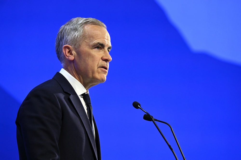 Canadian Prime Minister Mark Carney delivers a speech at the World Economic Forum Annual Meeting on Jan. 20, 2026. held in Davos, Switzerland.