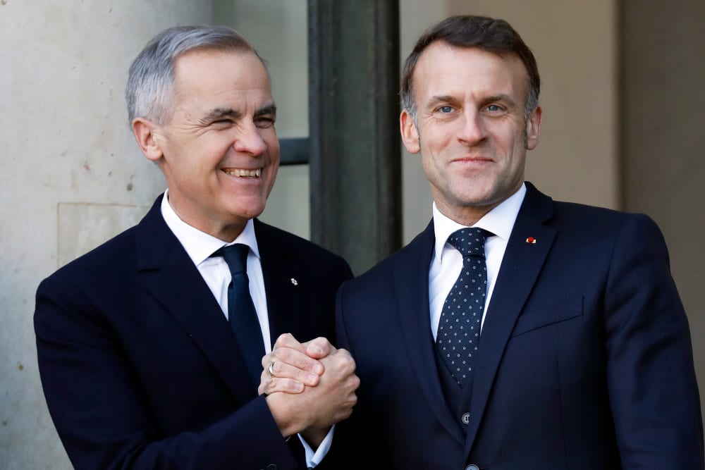 Canadian Prime Minister Mark Carney and French President Emmanuel Macron on Jan. 6, 2026, in Paris.