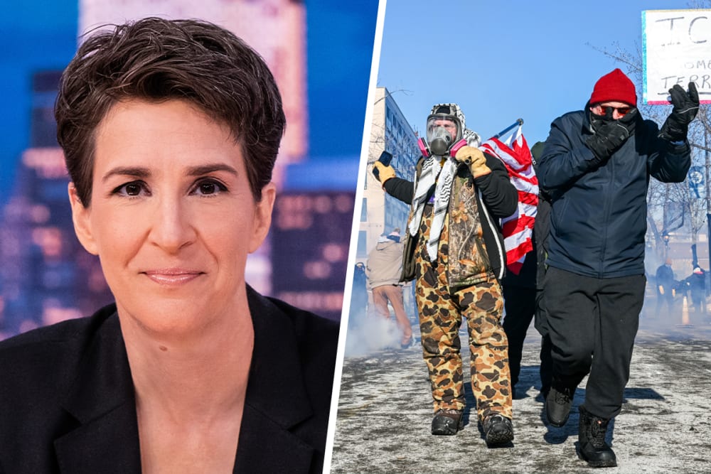 Rachel Maddow; demonstrators during a protest after a shooting on Jan. 24, 2026, in Minneapolis.