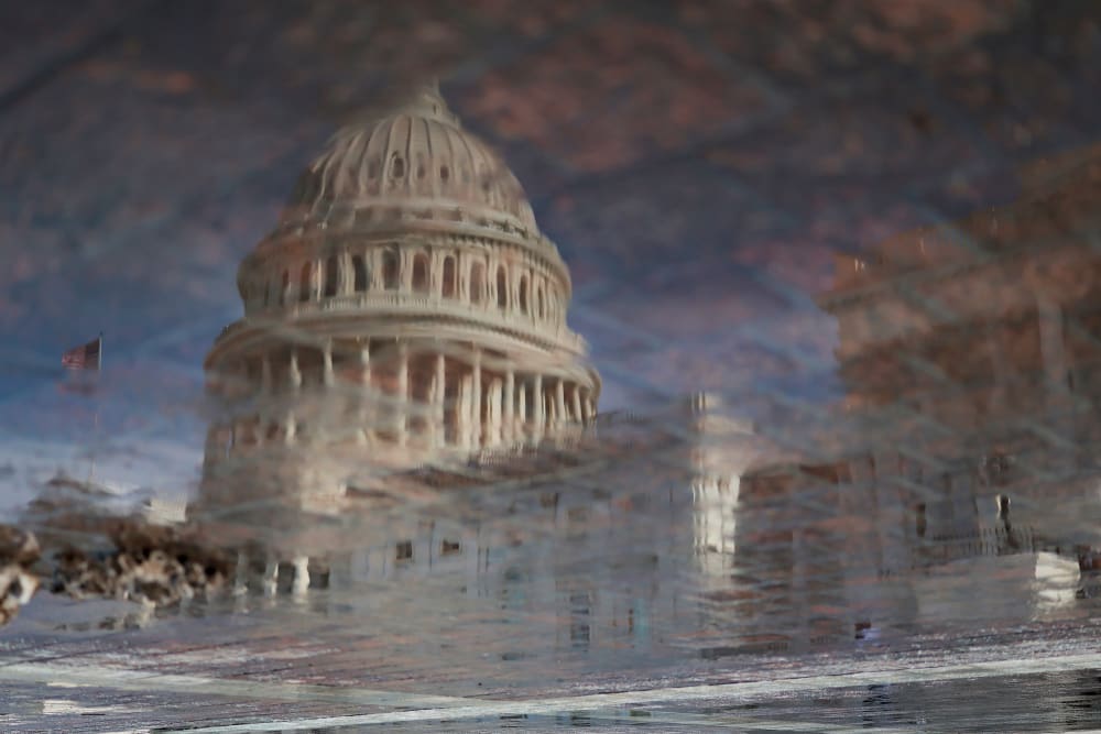 The Capitol is reflected in a puddle.