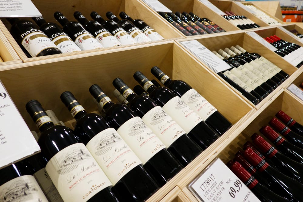 Bottles of wine are displayed on April 25, 2025 at a Costco Wholesale store in San Diego.