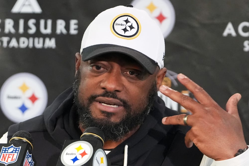 Former Pittsburgh Steelers head coach Mike Tomlin talks with reporters on Jan. 12, 2026 in Pittsburgh.