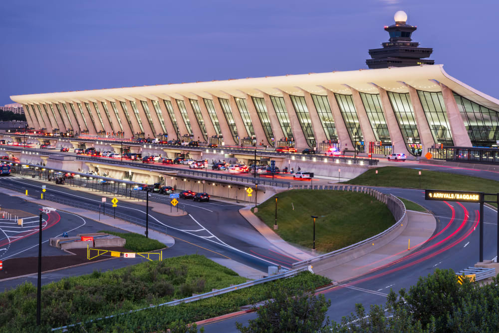 Dulles International Airport is seen at dusk-shortly after golden hour.
