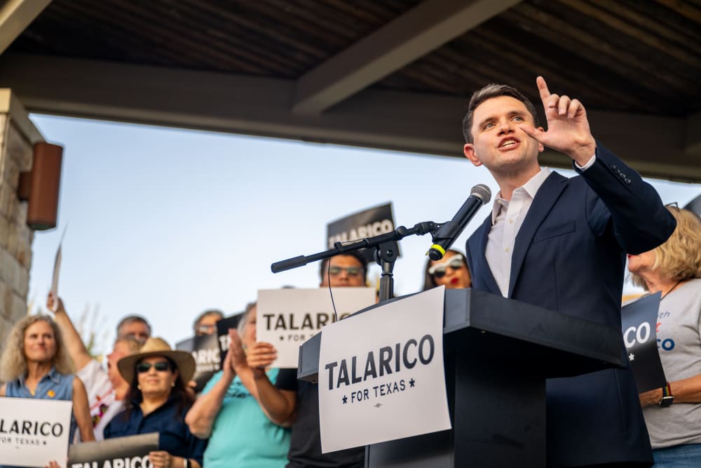 ROUND ROCK, TEXAS - SEPTEMBER 09: Democratic Texas State Rep. James Talarico speaks during a campaign launch rally on September 09, 2025 in Round Rock, Texas. Rep. Talarico announced earlier today that he will be running for U.S. Senate in Texas. (Photo by Brandon Bell/Getty Images)