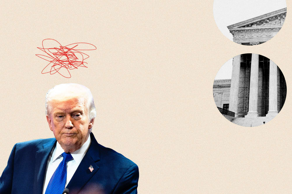 Donald Trump with a red scribble over his head. He is overlaid on a cutout of the U.S. Supreme Court building.