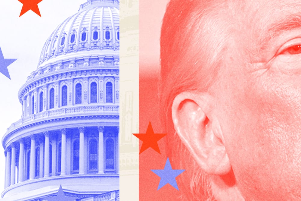 Photo illustration of Donald Trump with his back to the Capitol building, with stars overlaid.