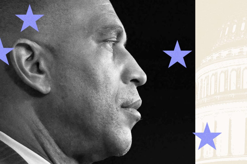 Photoillustration of Hakeem Jeffries looking to the side. He is overlaid on a background of the US Capitol, and the foreground includes light blue stars.