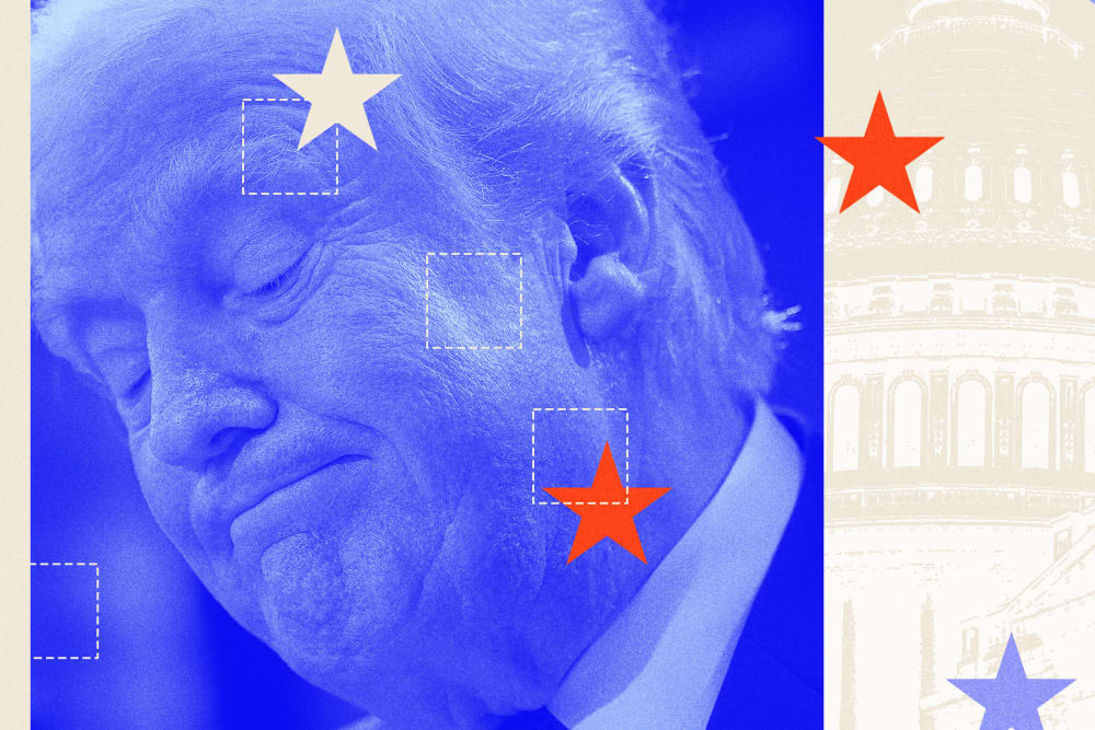 Photoillustration of Donald Trump with a blue overlay, underneath a layer of check boxes and stars.