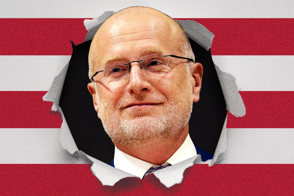 Photoillustration of Brendan Carr popping his head out of an American flag.