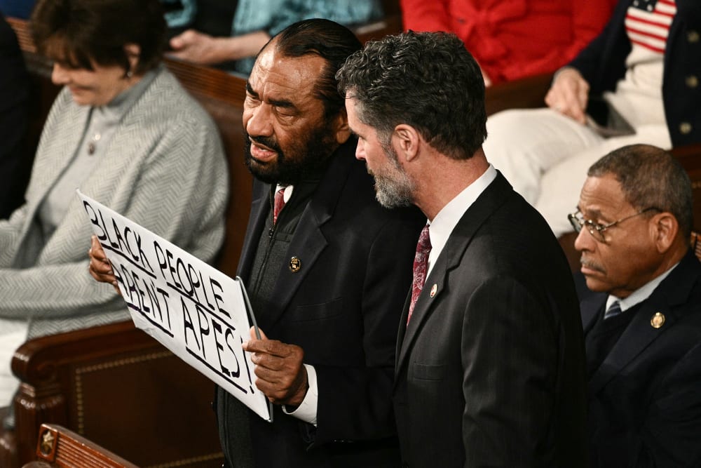 Rep. Al Green holds a sign reading "Black People Aren't Apes."