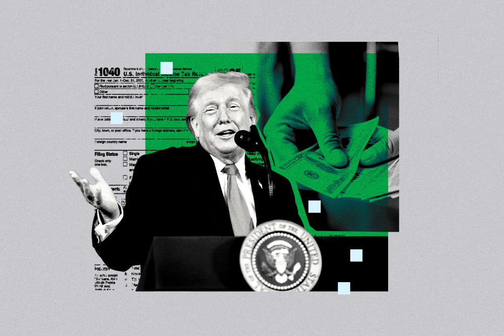 Photoillustration of Trump speaking with a collage of a person holding dollar bills, along with an IRS tax form.