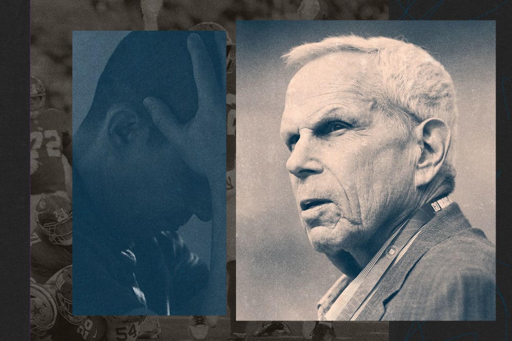 Photoillustration of Steve Tisch overlaid on an image of the Giants winning a game, next to a photo of a man with his head in his hands.
