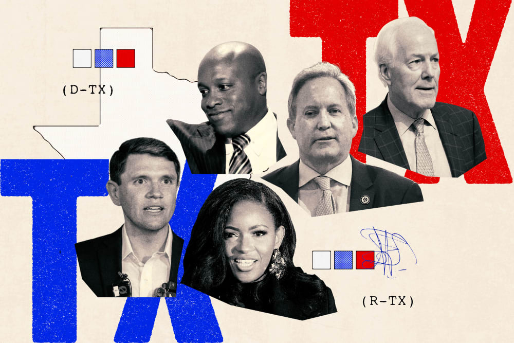 Photoillustration of Jasmine Crockett, James Talarico, John Cornyn, Ken Paxton and Wesley Hunt overlaid on collage assets of Texas and election-related symbols.