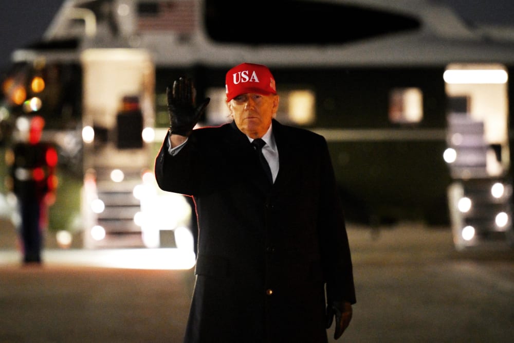 U.S. President Donald Trump prepares to board Marine One on March 1, 2026 at Joint Base Andrews, Maryland.