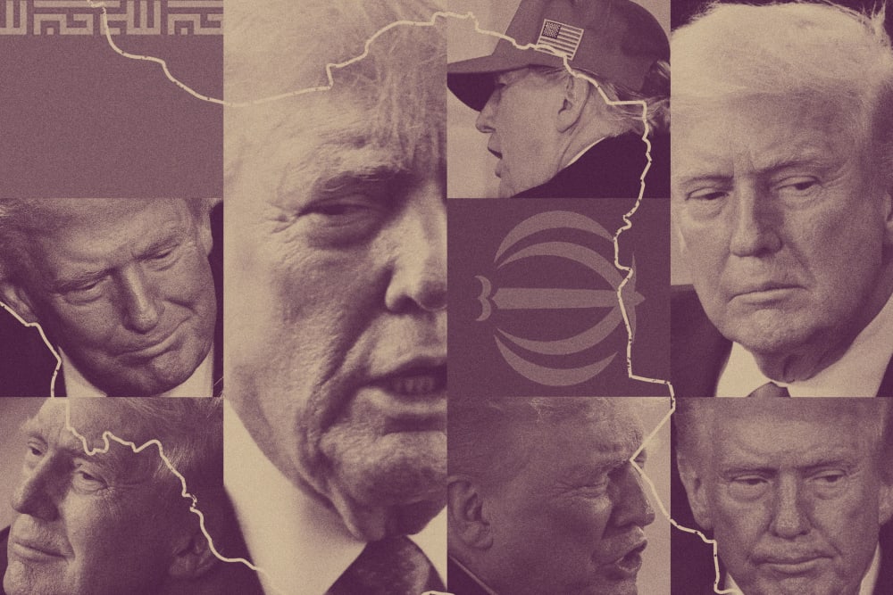 Photoillustration of Donald Trump shown in multiple close-up angles and expressions, overlaid with the outline of Iran and stylized Iranian flag elements, creating a layered, artful composition.