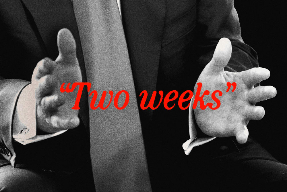 Photoillustration of Donald Trump gesturing with the words "two weeks" overlaid.