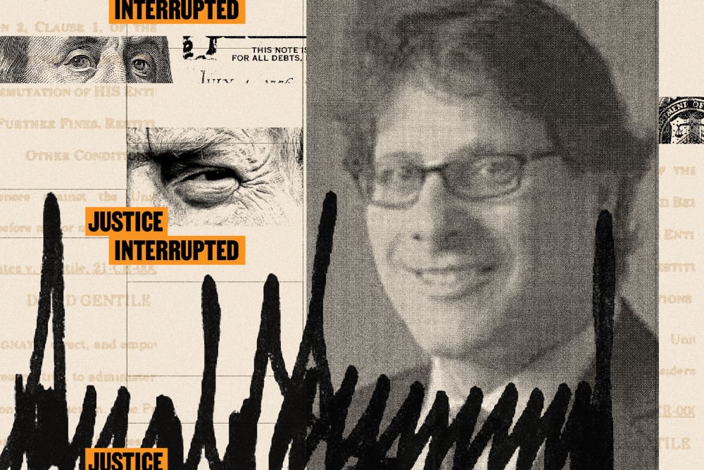 Photoillustration of David Gentile, collaged with photos of Donald Trump, Donald Trump’s signature and clippings of $100 bills.