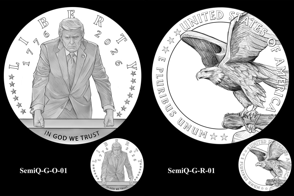 An illustrative rendering of an obverse and reverse of a coin. The obverse shows Donald Trump leaning over a desk. The reserve shows a bald eagle lifting its wings atop the Liberty Bell.