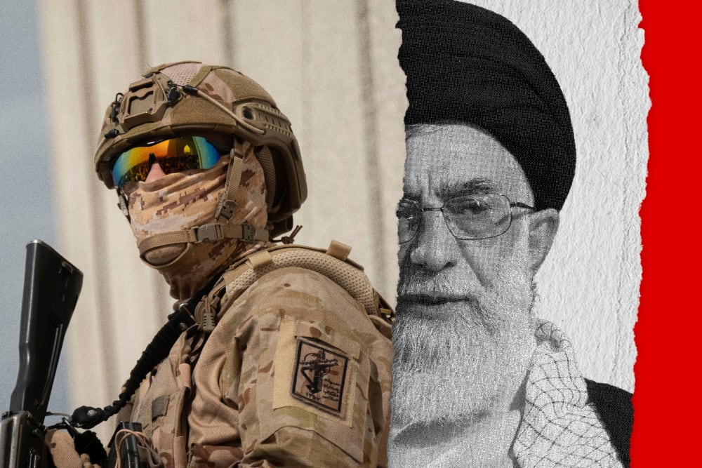 Photoillustration of Islamic Revolutionary Guard Corps member blocking an image of Ayatollah Ali Khamenei.