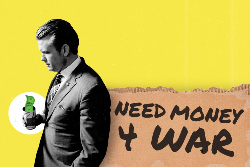 Pete Hegseth holding a cup with a dollar in it, standing in front of a cardboard sign that reads "NEED MONEY 4 WAR".