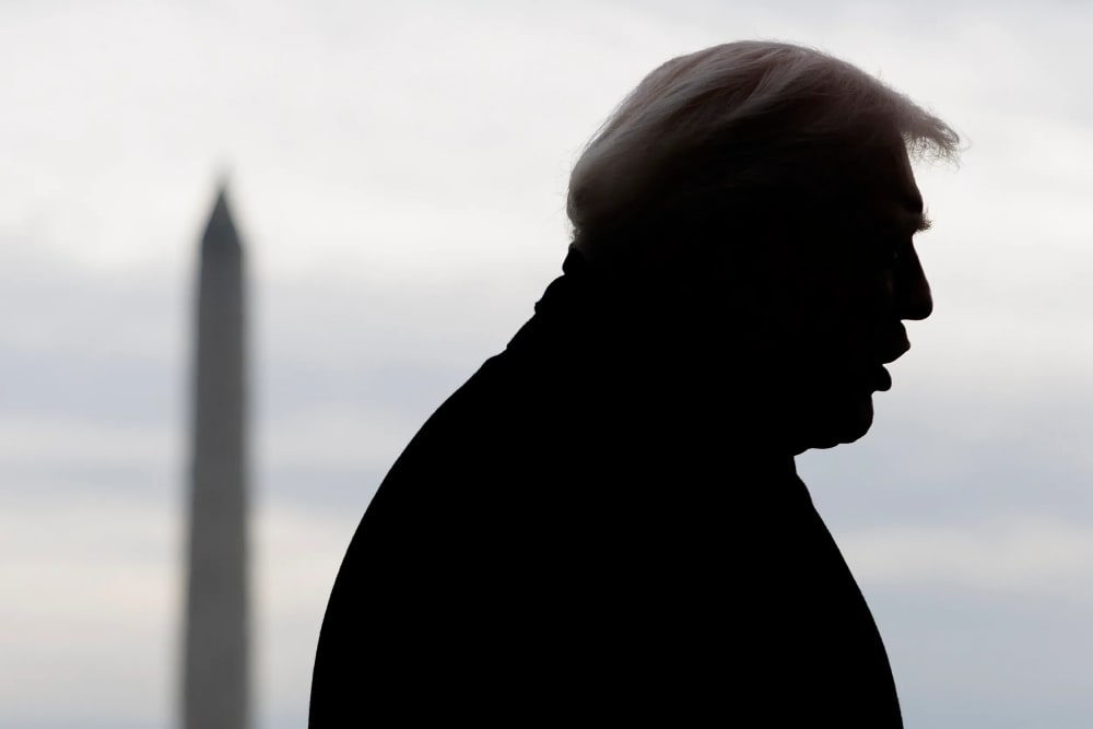 Donald Trump's profile is seen as he speaks and Washington Monument is in the background.