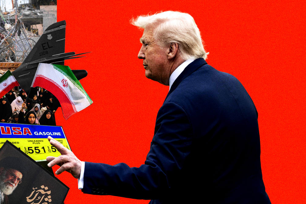 Photo illustration of Donald Trump on an orange background pushing back against a flood of images, including images of the late Ayatollah Khamenei, high gas prices, military jets, protests and destruction in Tehran.