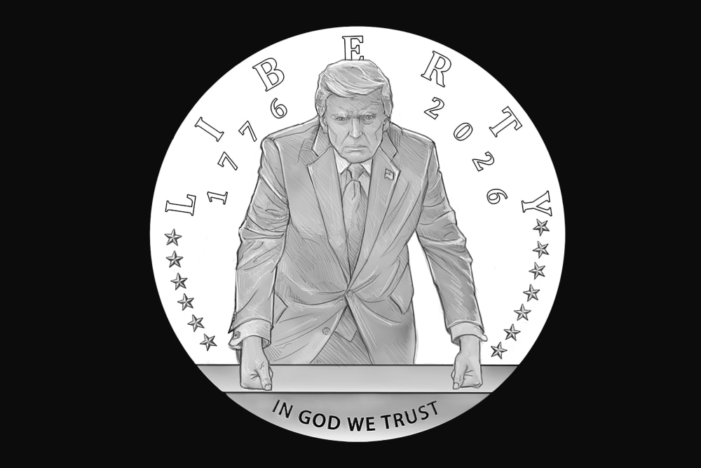 An illustrative rendering of the obverse of a coin, showing Donald Trump leaning over a desk.