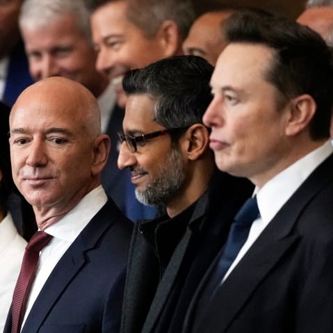 From left, Mark Zuckerberg, Lauren Sanchez, Jeff Bezos, Sundar Pichai and Elon Musk at Donald Trump's inauguration in at Capitol.