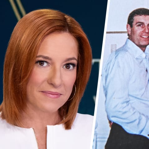 Jen Psaki; A photo of Prince Andrew, Virginia Roberts Giuffre, and Ghislaine Maxwell in Virginia Roberts Giuffre's memoir "Nobody's Girl."