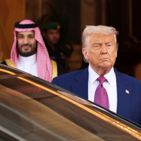 U.S. President Donald J. Trump leaves the Saudi Royal Court with Saudi Crown Prince Mohammed bin Salman.