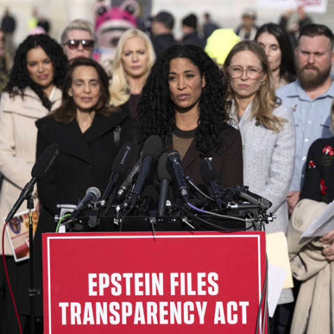 Epstein abuse survivor Lisa Phillips speaks during the press conference; Jen Psaki.