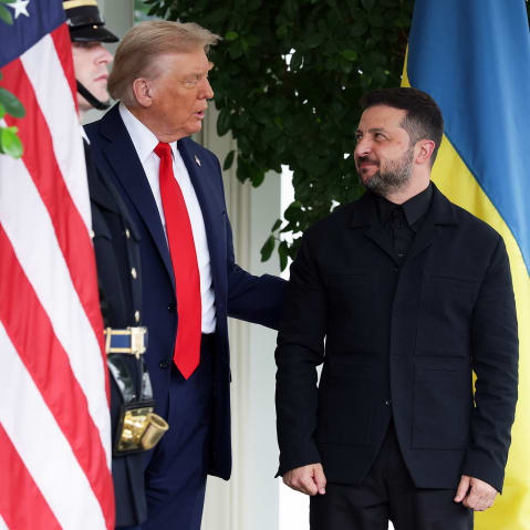 U.S. President Donald Trump greets Ukrainian President Volodymyr Zelensky at the White House.