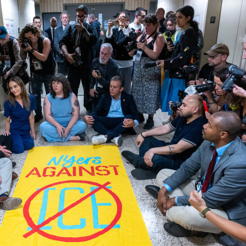 Comptroller Brad Lander joins 11 local elected officials inside lower Manhattan’s federal building, demanding access to an ICE holding area on the building’s 10th floor in New York City
