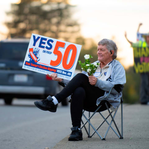 Jerry Canaday encourages passing motorists to vote Yes on Prop 50 in Santa Rosa, C.A.
