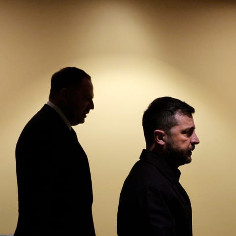 Volodymyr Zelenskyy walks to a bilateral meeting with Donald Trump at the United Nations General Assembly.
