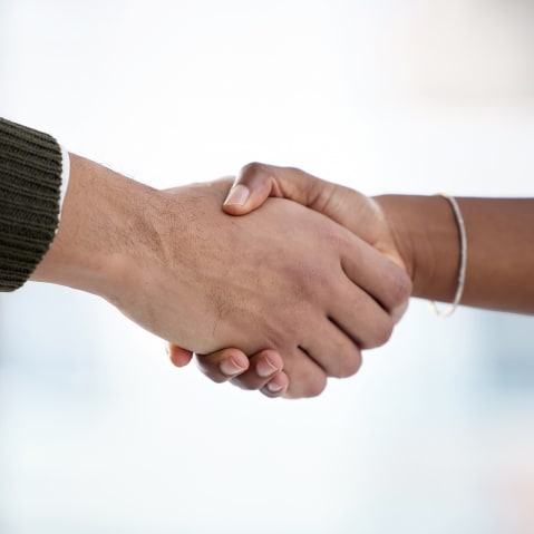 Closeup shot of two businesspeople shaking hands in an office.
