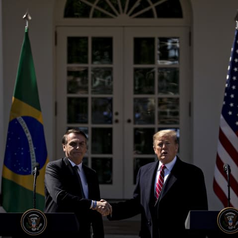 Donald Trump and Jair Bolsonaro during a news conference at the White House.