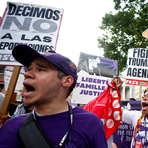Demonstrators participate in the Justice Journey March in New Orleans to call for an end to the Trump administration’s ICE raids and the release of immigrant workers detained in Louisiana and across the United States.