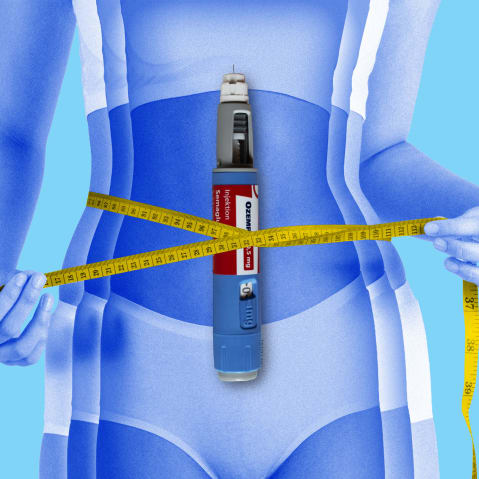 An Ozempic needle overlayed on a woman