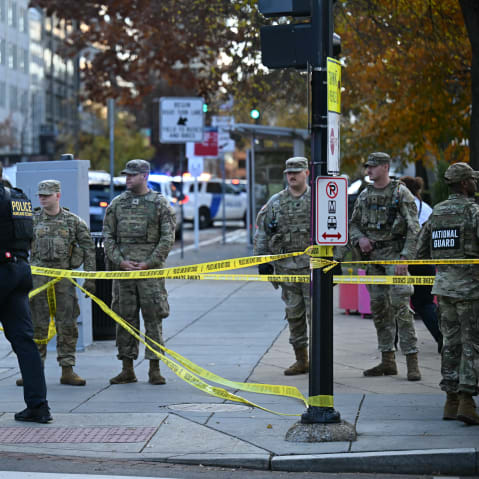 National Guard soldiers gather near a crime scene after a shooting in downtown Washington, D.C., on Nov. 26, 2025.