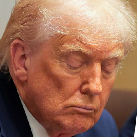 Donald Trump with his eyes closed during a meeting; Jen Psaki.