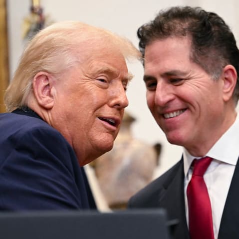 President Donald Trump announces a $6.25 billion donation from Michael Dell, right, CEO of Dell Technologies and his wife Susan to “Trump Accounts,” in the Roosevelt Room of the White House in Washington, D.C. on Dec. 2, 2025.
