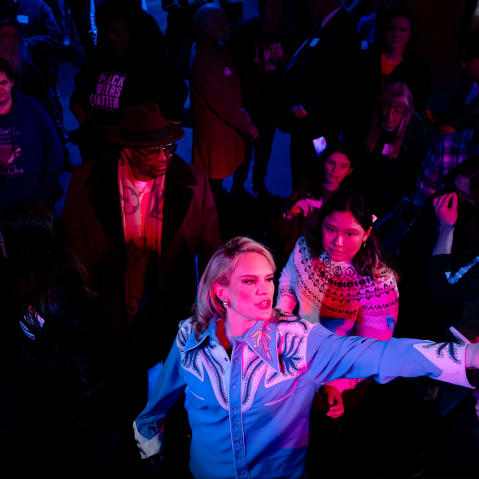 Democrat Aftyn Behn interacts with supporters after delivering her concession speech at an election-night watch party at Marathon Music Works on Dec. 2, 2025 in Nashville, TN.