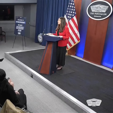Pentagon Press Secretary Kingsley Wilson briefs the media at the Pentagon.