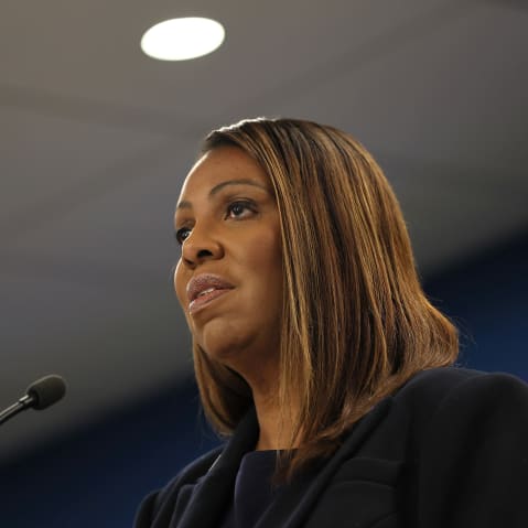 New York Attorney General Letitia James speaks during a press conference on Oct. 21, 2025, in New York City.