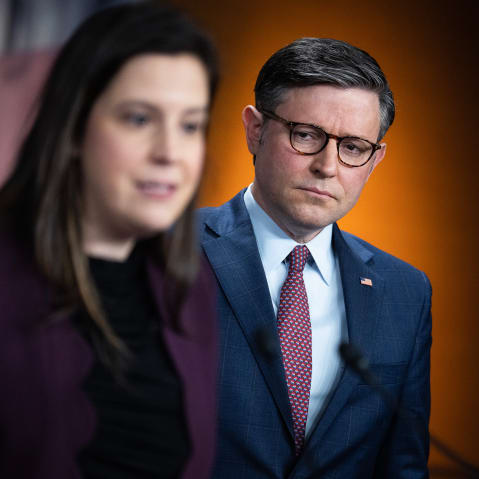 Rep. Elise Stefanik and Speaker of the House Mike Johnson conduct a news conference in the Capitol Visitor Center on Jan. 30, 2024.