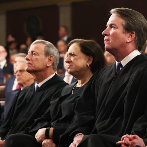 (L-R) Chief Justice of the Supreme Court John Roberts, Justice Elena Kagan, Justice Brett Kavanaugh, Justice Amy Coney Barrett, and retired Justice Anthony Kennedy.