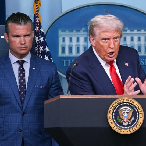 President Donald Trump, alongside Secretary of Defense Pete Hegseth and Attorney General Pam Bondi in the Brady Press Briefing Room at the White House.